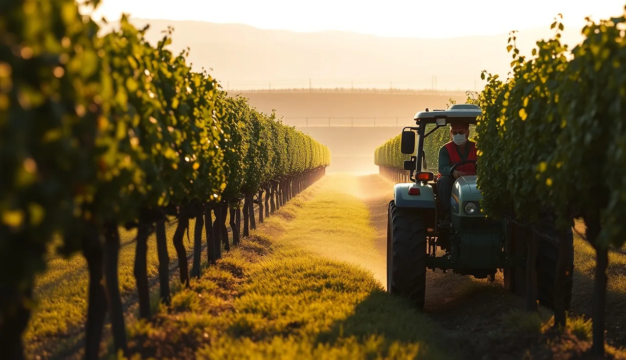 Vineyard sprayer applying pesticide near property boundary at dawn showing drift