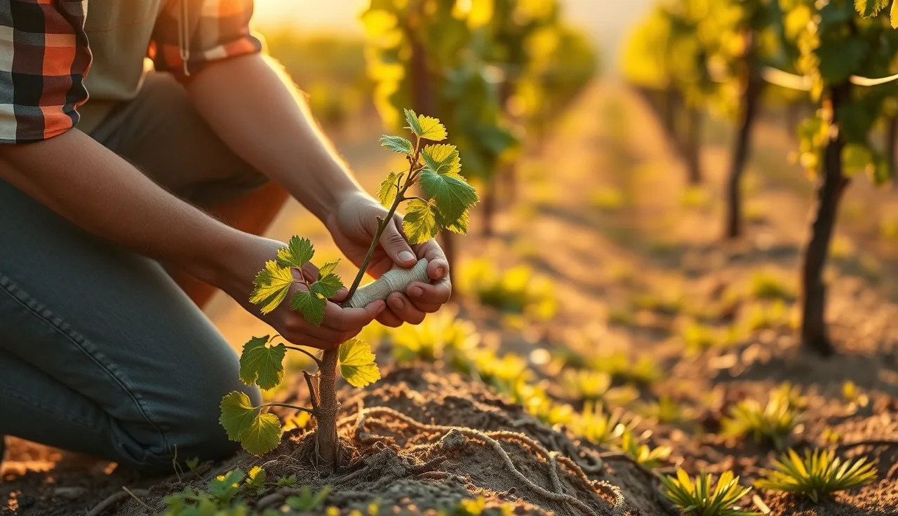Vineyard worker inspecting a T-bud union on a young grapevine rootstock at sunrise