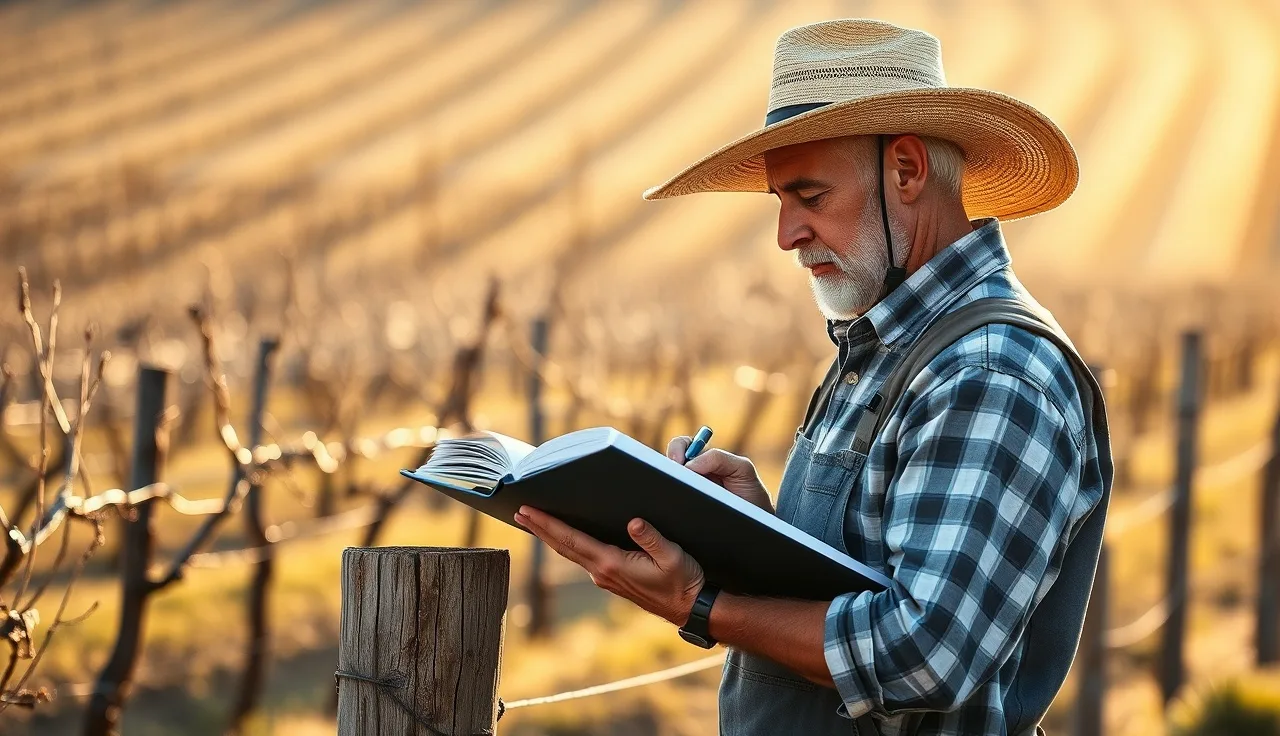 Vineyard worker recording pesticide application data in a field compliance log