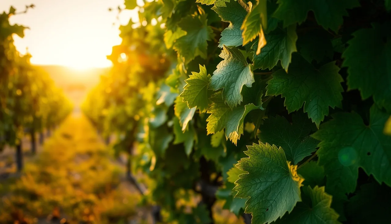 Grapevine leaves in a California vineyard with French prune hedgerow in background