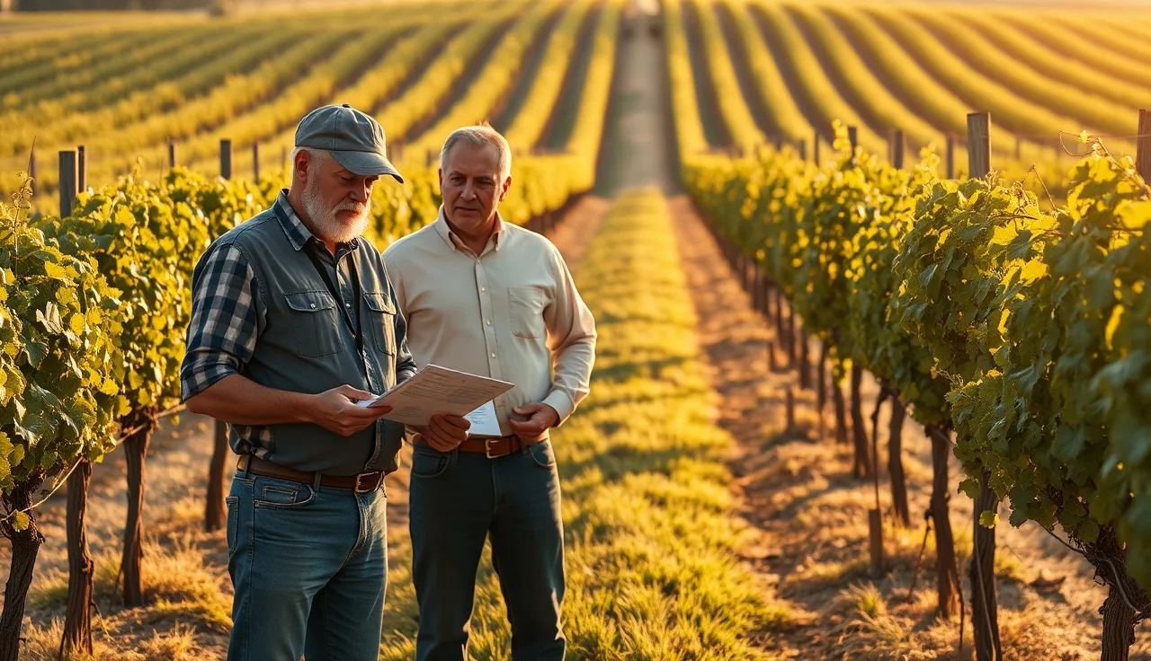 Vineyard manager and county official reviewing compliance records between vine rows at sunrise