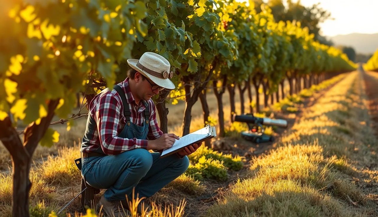 Vineyard manager reviewing spray records on a clipboard between vine rows