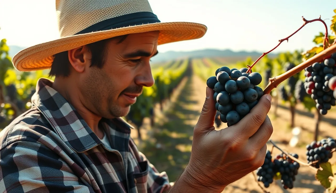 Vineyard worker examining wine grape clusters for pesticide residue issues at harvest