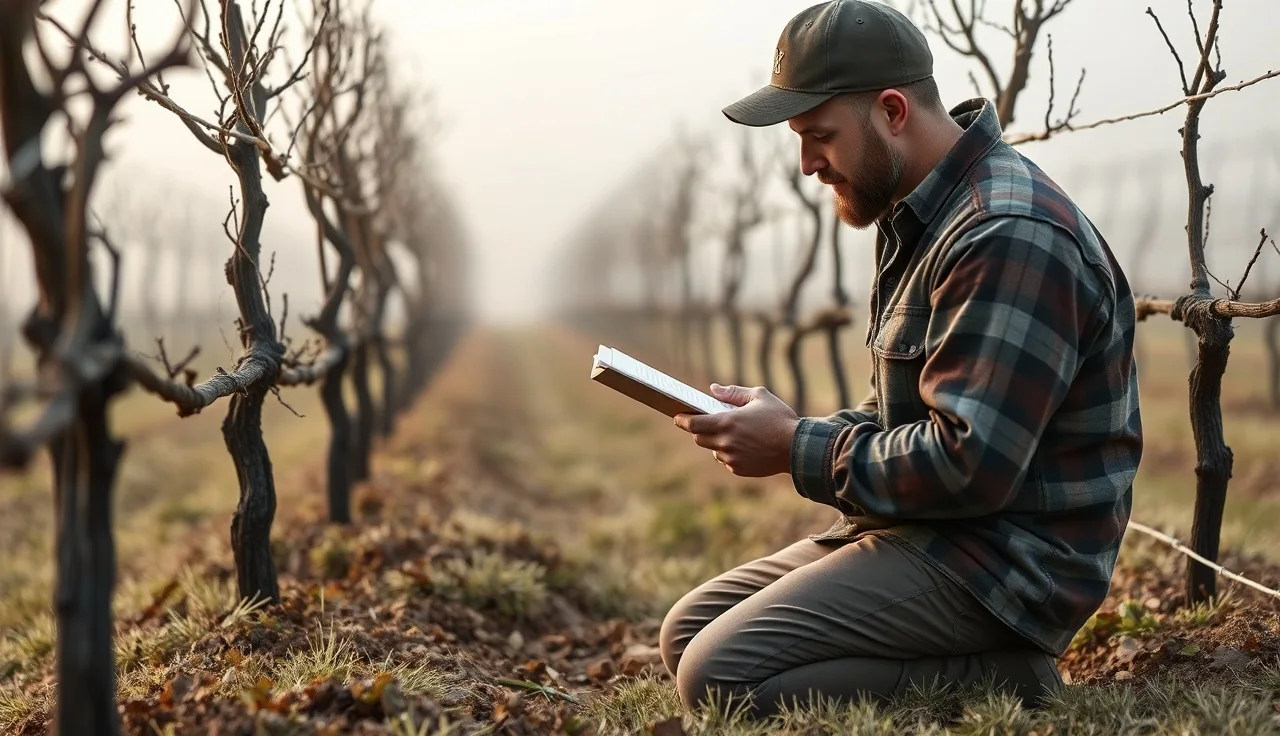 Vineyard manager reviewing spray records on a clipboard between vine rows at dawn