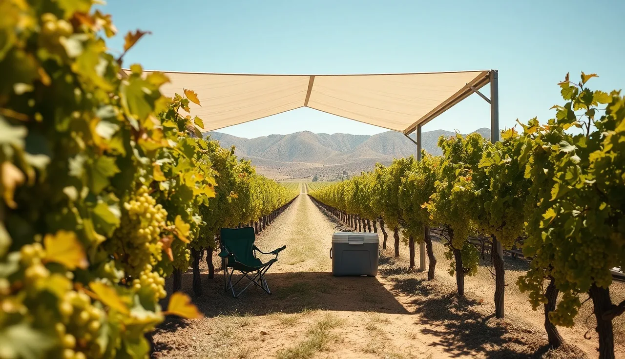 Portable shade canopy with cooler and chairs set up beside vineyard rows during harvest