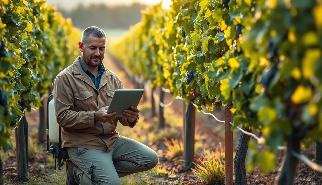 Vineyard supervisor with tablet reviewing spray record near vine rows at dawn