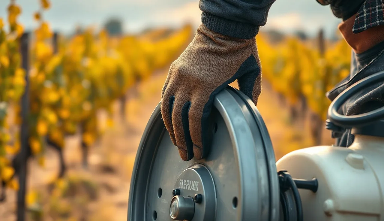 Gloved hands on a vineyard sprayer with vine rows in soft focus behind