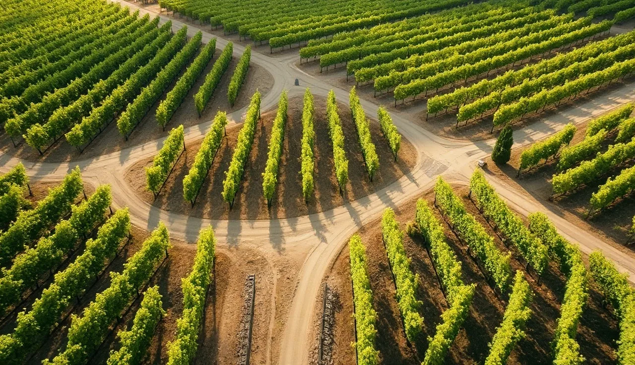 Aerial view of a vineyard divided into labeled block sections by access roads