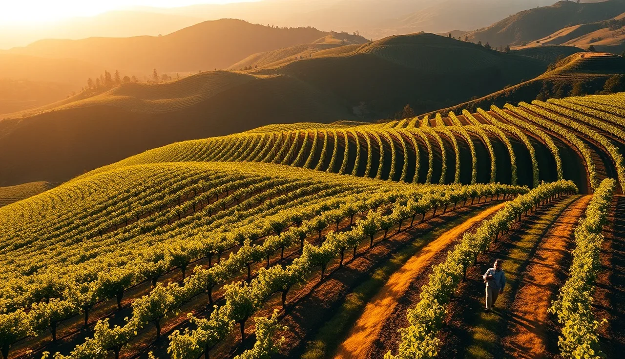 Aerial view of terraced vineyard blocks with worker walking row boundaries at golden hour