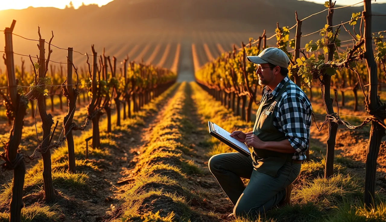 Vineyard manager reviewing field notes in a dormant vine row at golden hour