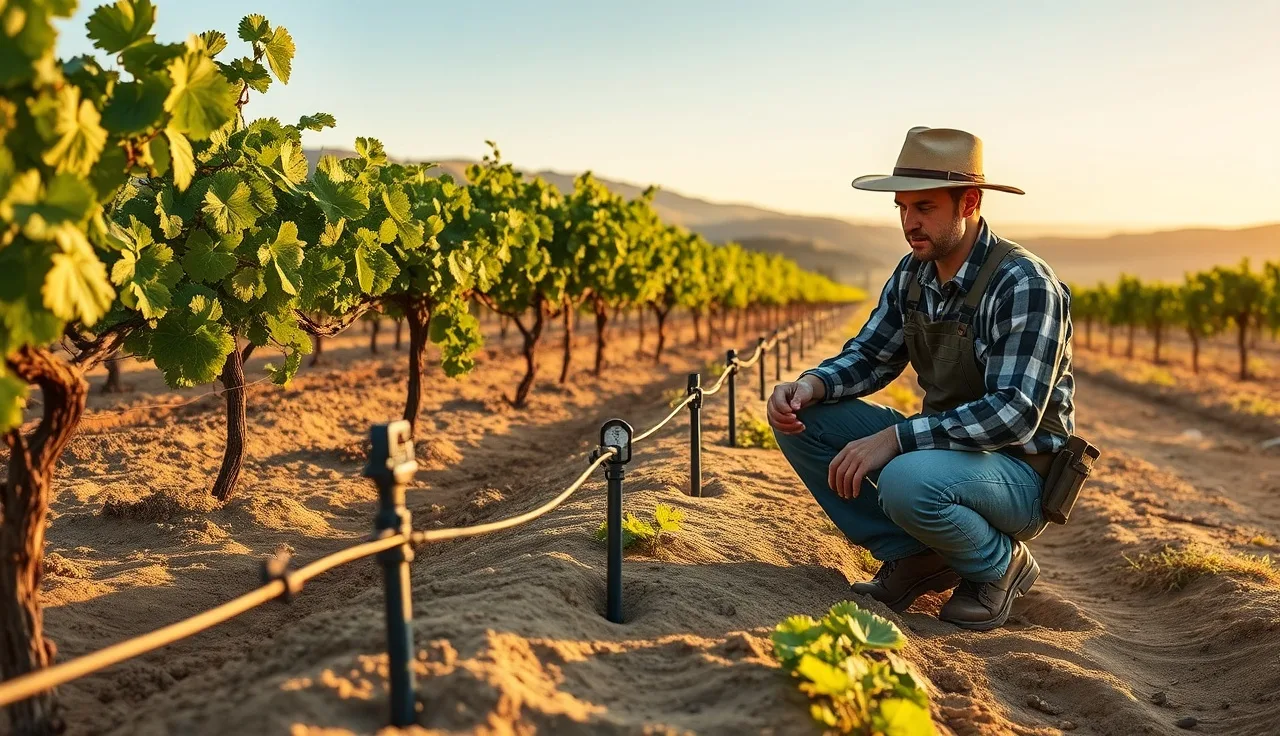 Vineyard worker checking soil moisture tensiometer between grapevine rows at dawn
