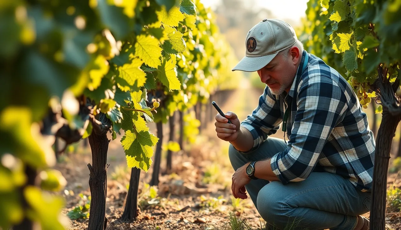 Vineyard scout inspecting grapevine leaf with hand lens during pest monitoring walk