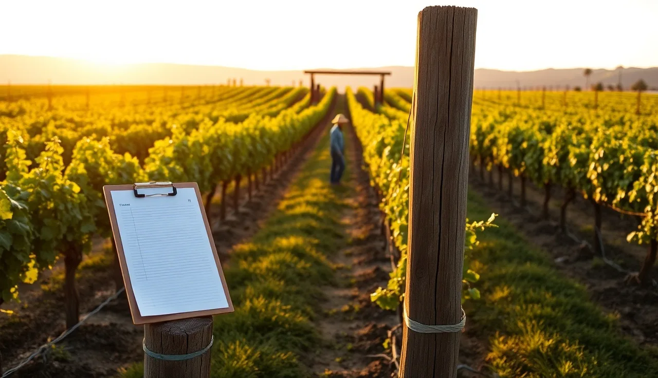 Clipboard on a vineyard fence post at the entry gate with rows behind