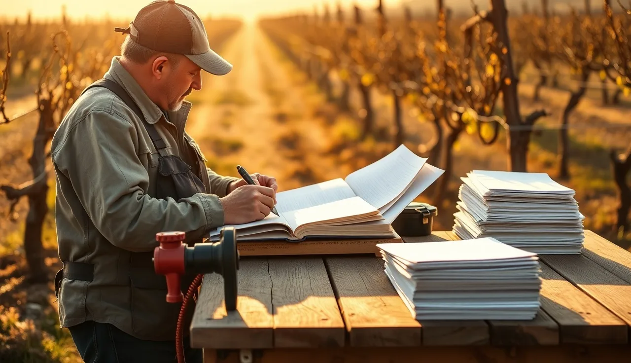 Vineyard manager reviewing annual crop records at outdoor table among winter vines