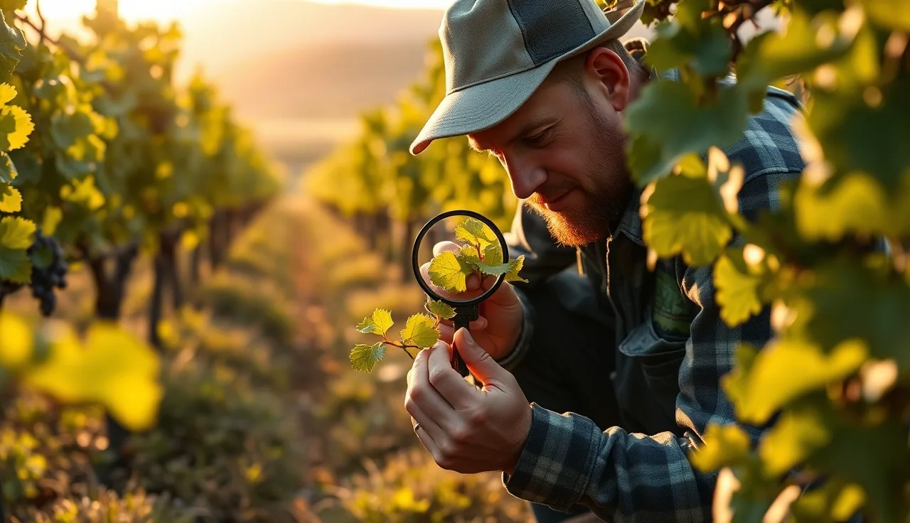 Vineyard worker scouting grapevine leaves for pests with a hand loupe