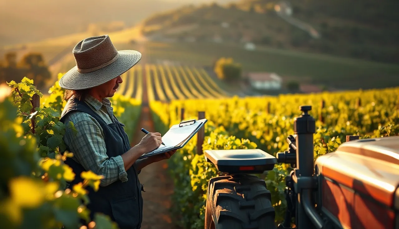 Vineyard worker recording spray application data on clipboard between vine rows