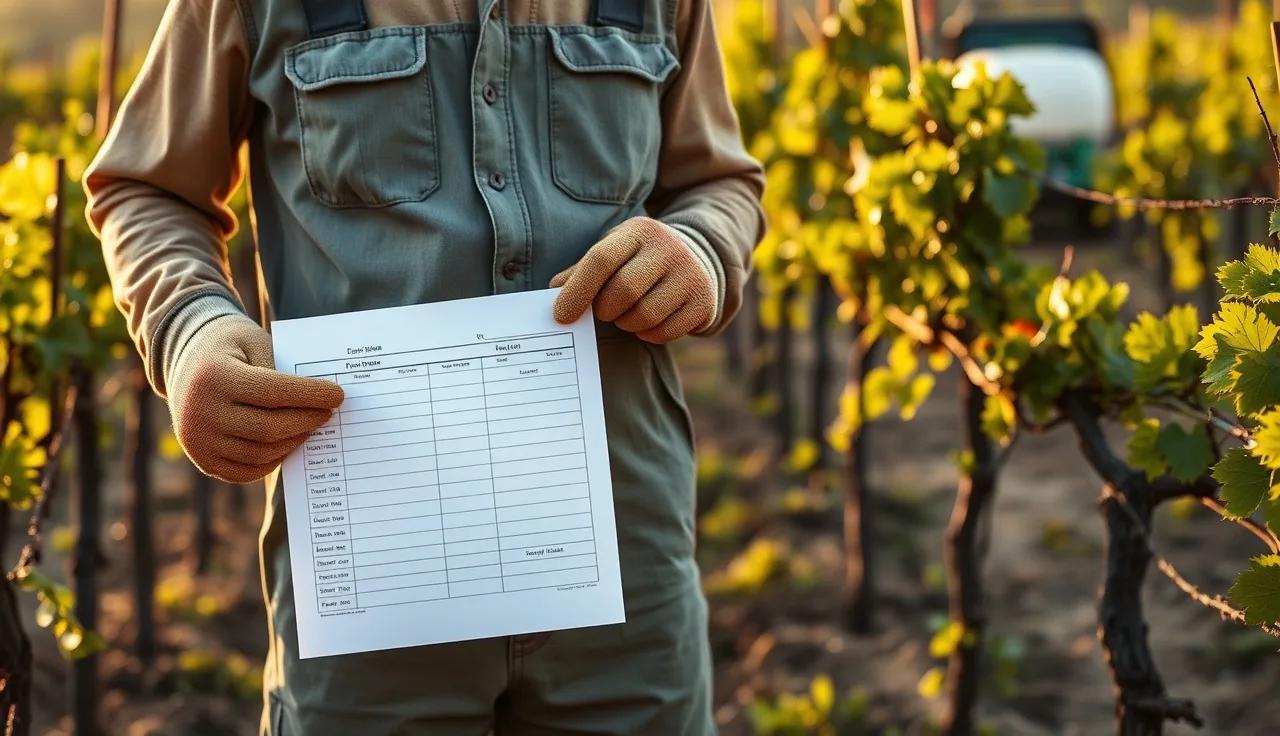 Seasonal vineyard worker reviewing a field record form between vine rows at dawn