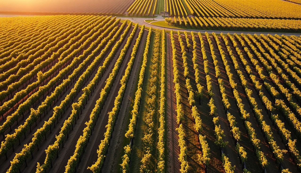 Aerial view of vineyard blocks with distinct row patterns separated by a grass lane