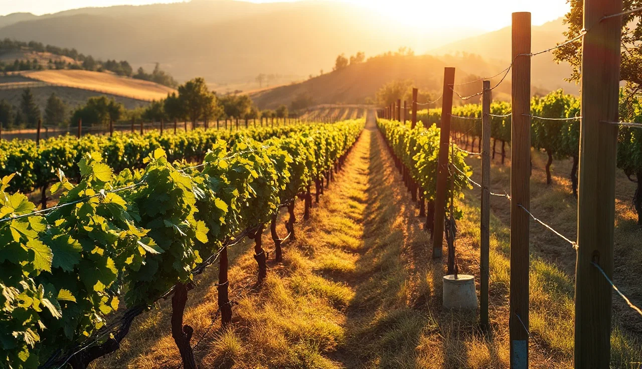 Young grapevines in rows on a hillside vineyard in early summer light