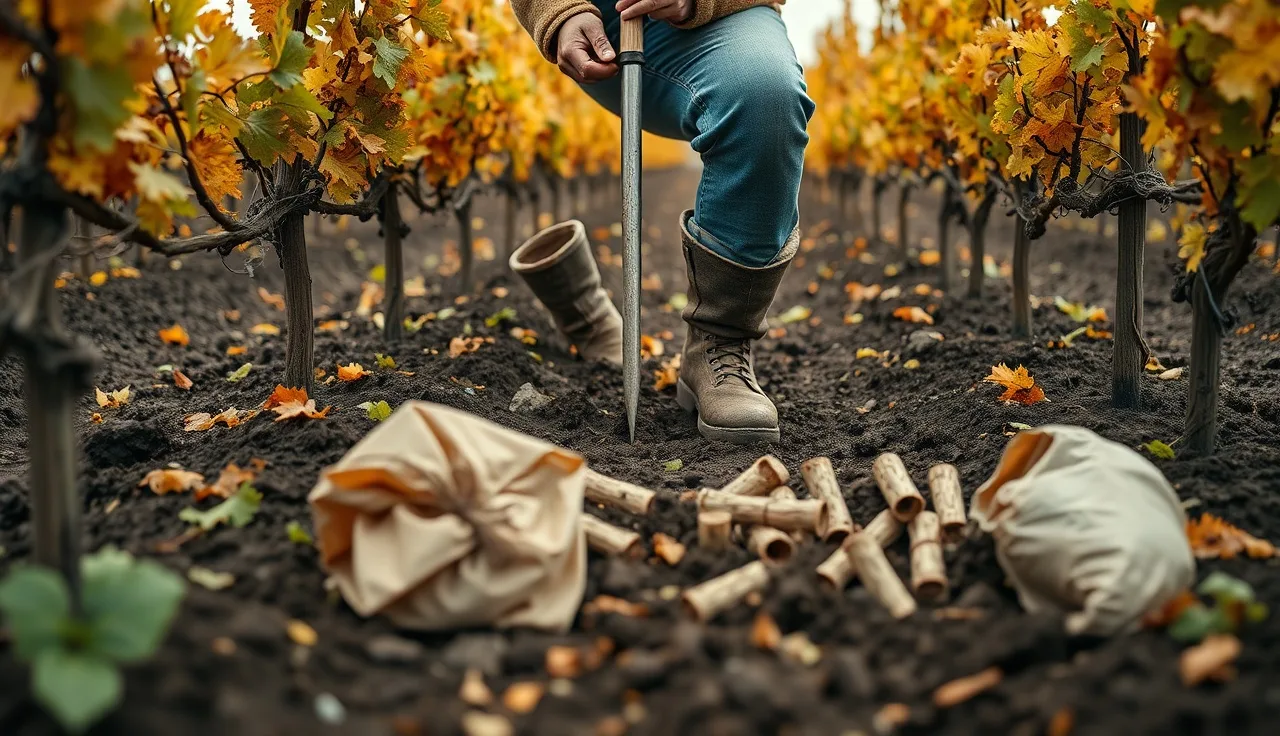Vineyard worker using soil probe to collect samples between dormant grapevine rows