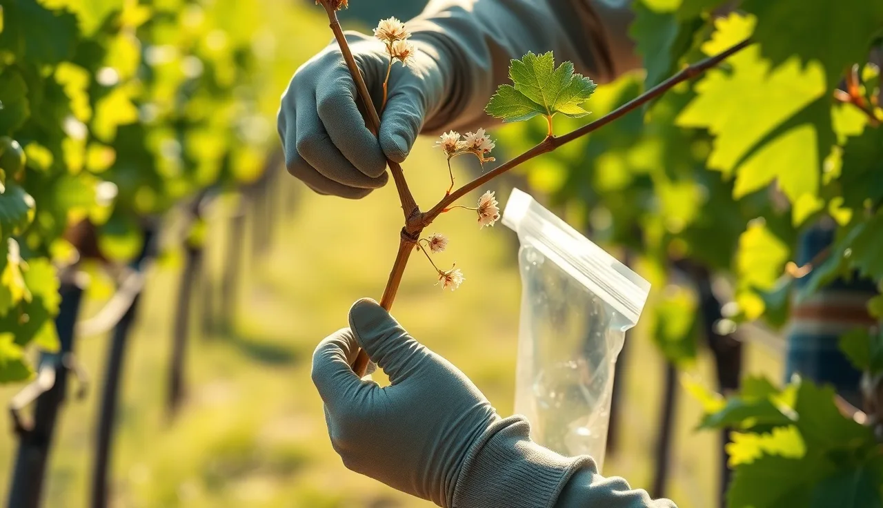 Gloved hand collecting a grapevine petiole sample into a plastic bag at bloom