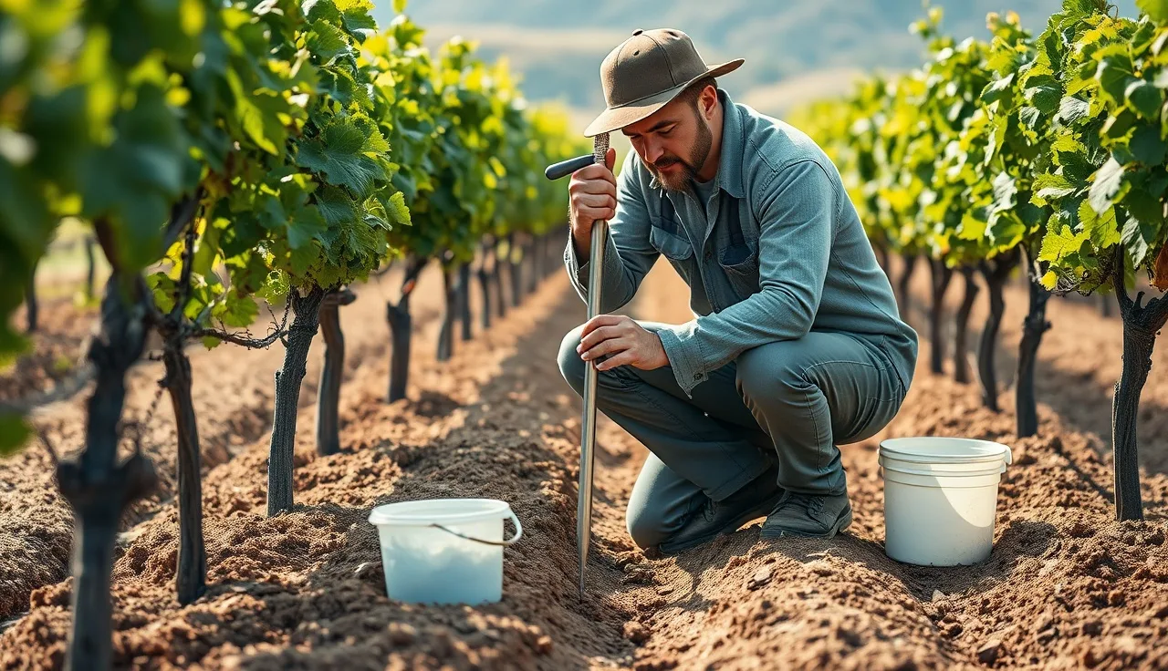 Vineyard manager taking soil core sample between grapevine rows with a probe