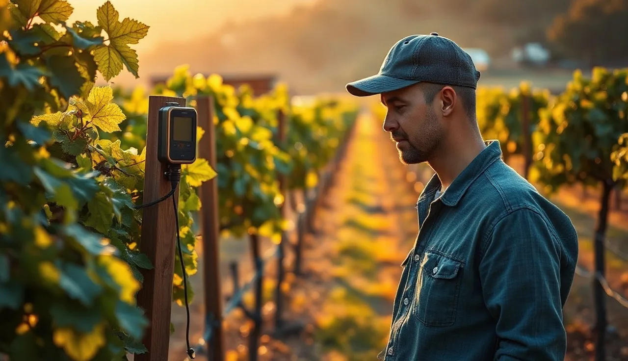 Vineyard worker reading a weather station between grapevine rows at dawn for degree day tracking