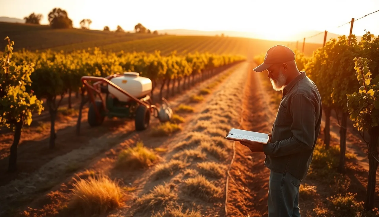 Vineyard manager recording neonicotinoid spray application in a field notebook