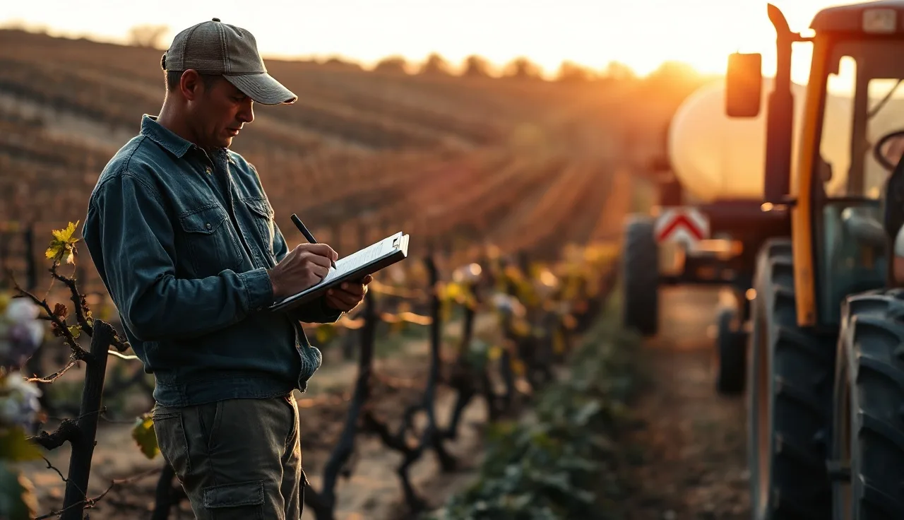 Vineyard worker recording a pesticide application on a clipboard beside a spray rig at sunrise