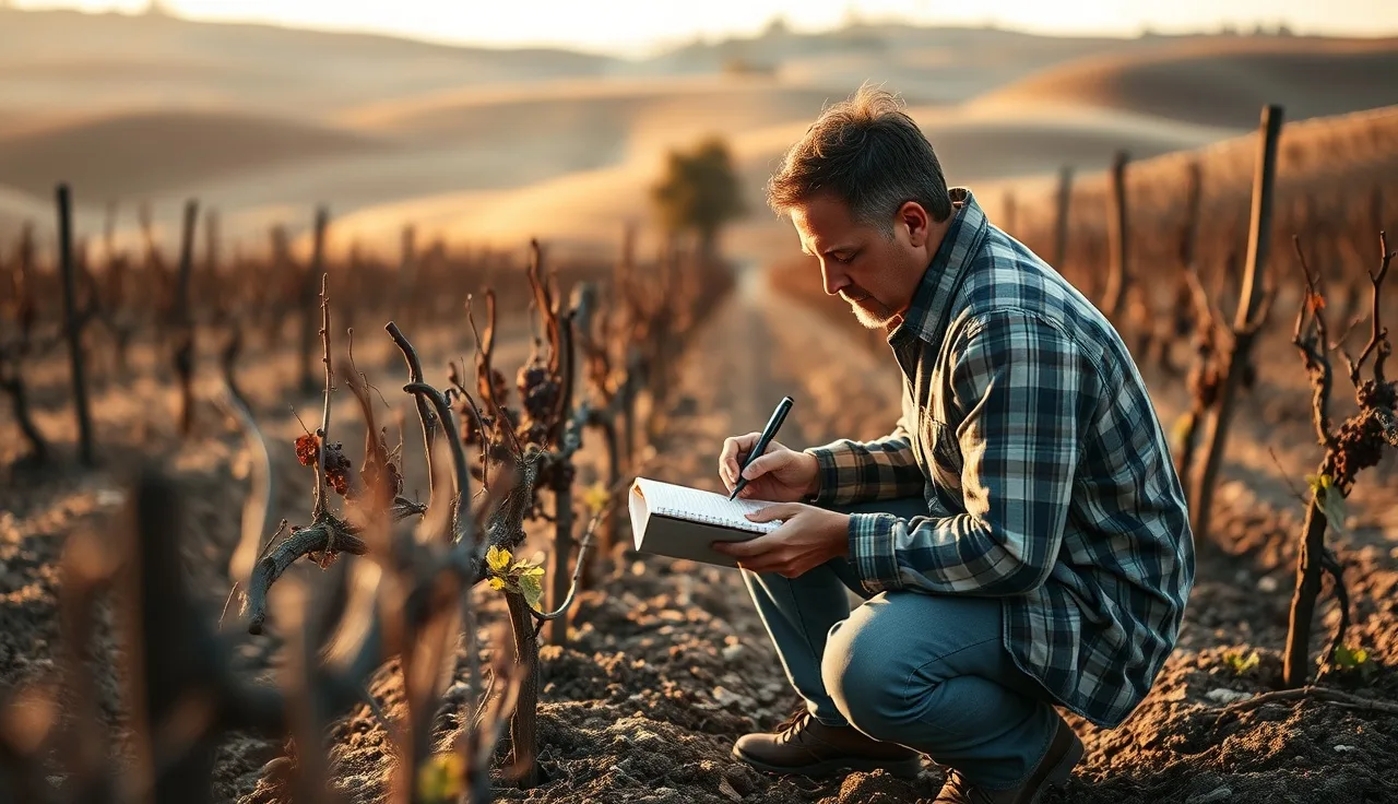 Vineyard manager recording block data by hand between dormant vine rows at dawn