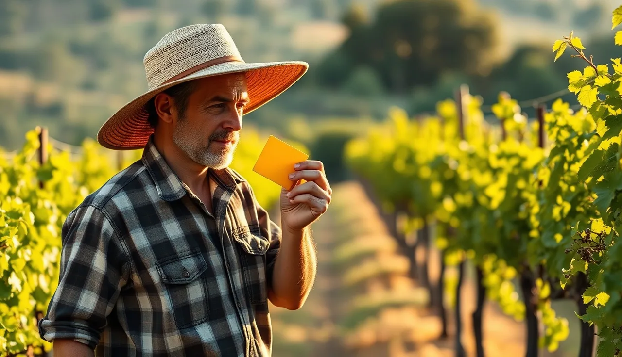 Vineyard worker inspecting a sticky monitoring trap for thrips between vine rows