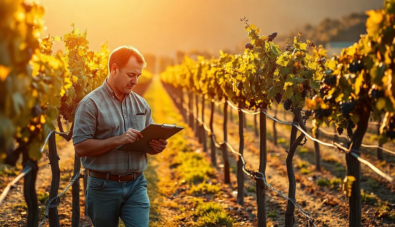 Vineyard manager inspecting clusters on grapevines while tracking spray program effectiveness