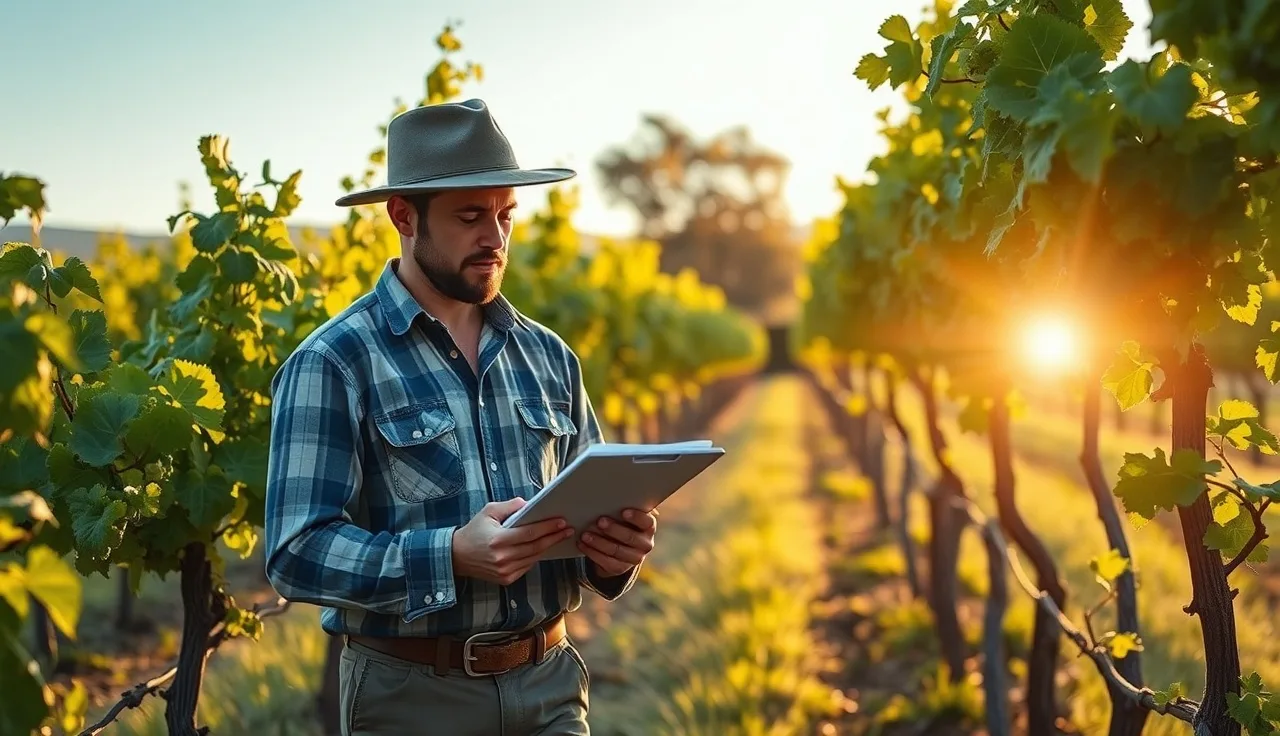 Vineyard worker reviewing sulfur spray records between Chardonnay vine rows at sunrise