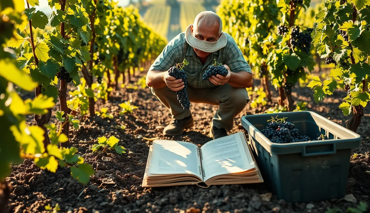 Vineyard worker comparing grape clusters to handwritten tonnage estimate notes beside a harvest bin