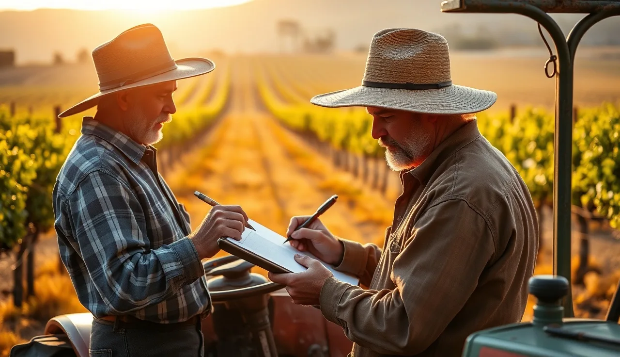 Vineyard foreman filling out spray records on a clipboard in morning light