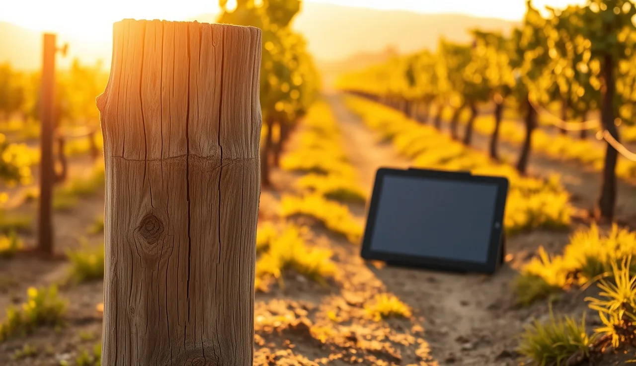 Tablet computer resting against a vineyard post during spray record digitization work