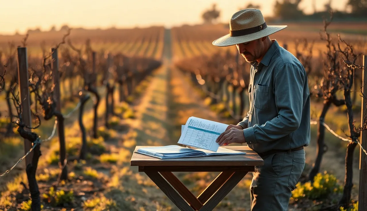 Vineyard manager reviewing spray records between rows of grapevines at golden hour