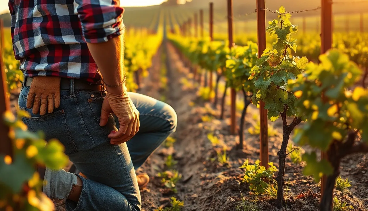 Vineyard manager examining vine rows in a hillside block at golden hour
