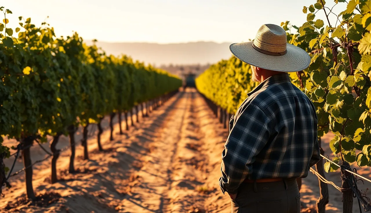Vineyard worker near grapevine rows with a spray rig visible in the distance