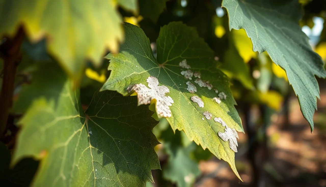 White powdery mildew colonies on grape leaves in a vineyard row