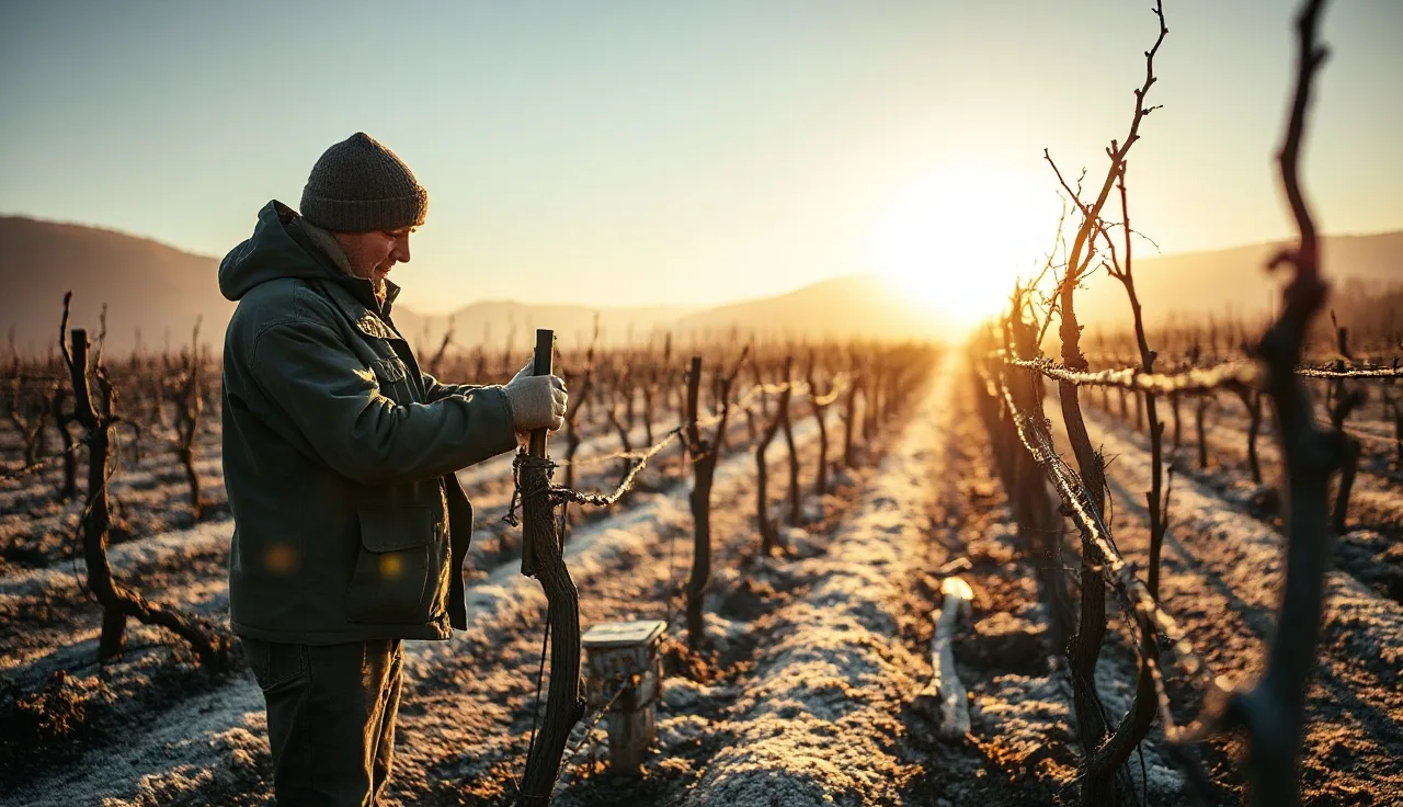 Vineyard worker pruning dormant grape vines in winter morning light