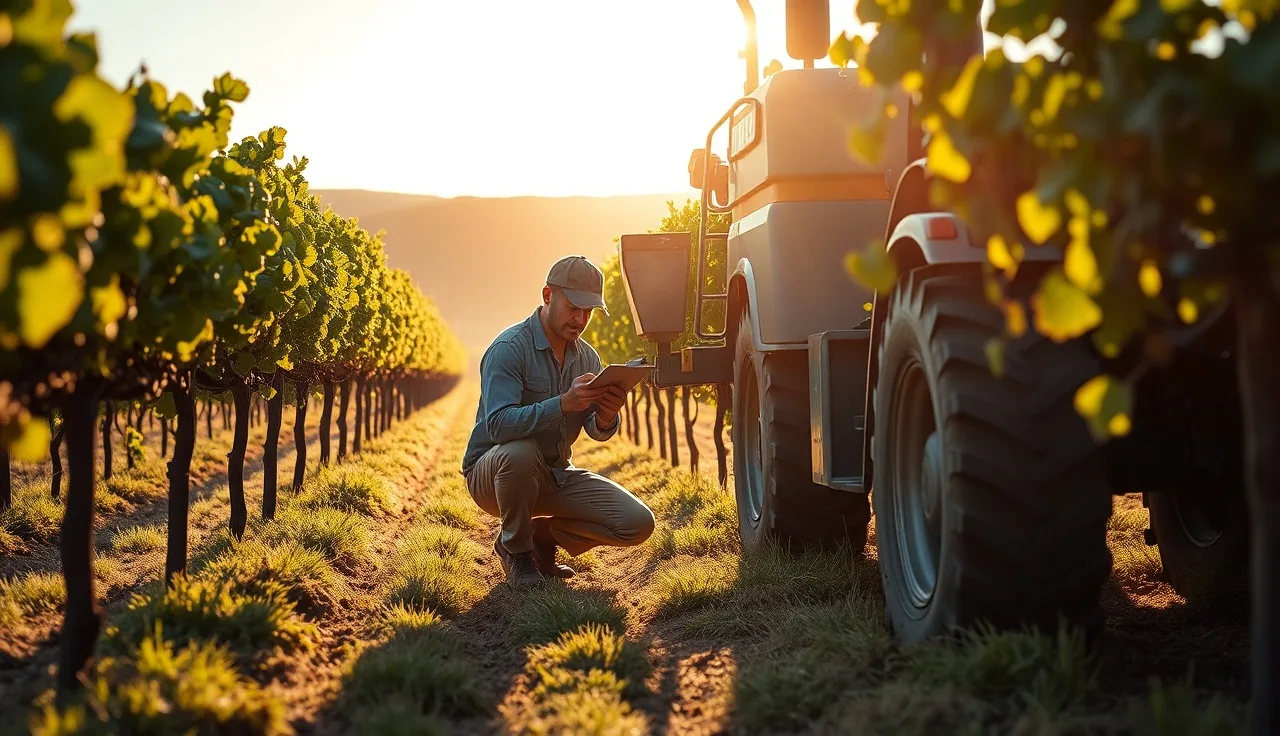 Vineyard worker completing a spray record checklist beside a tractor sprayer at dawn