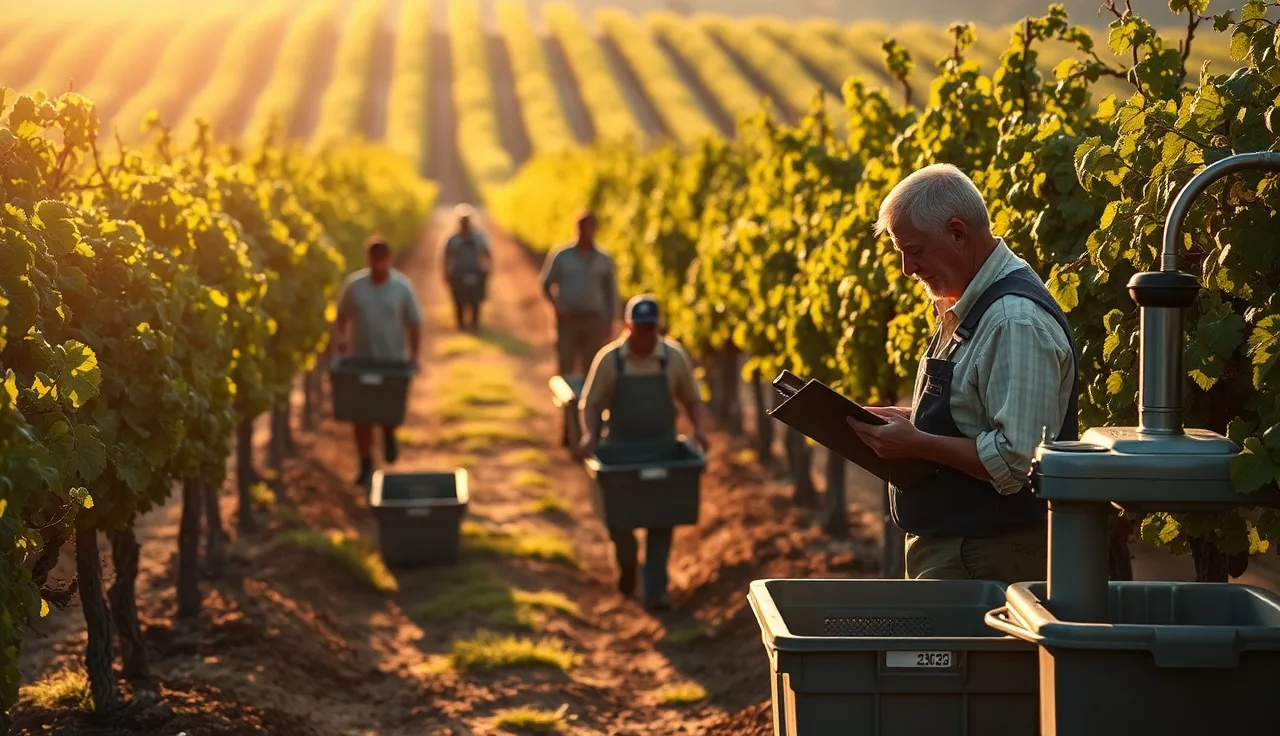 Harvest crew working rows at dawn, supervisor reviewing corrective action notes near equipment