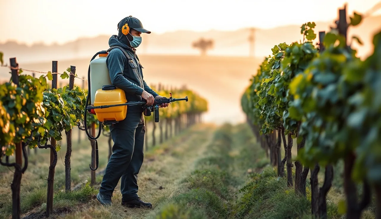 Vineyard applicator in PPE next to airblast sprayer at dawn with drift mist visible