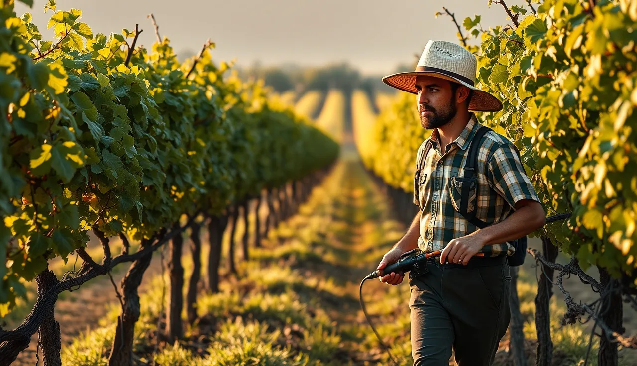 Farmworker spraying vines in a California vineyard at early morning