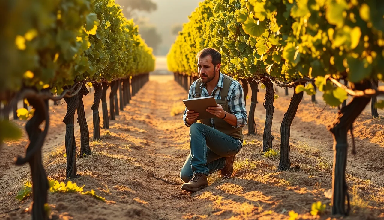 Vineyard manager reviewing compliance paperwork between grapevine rows at golden hour