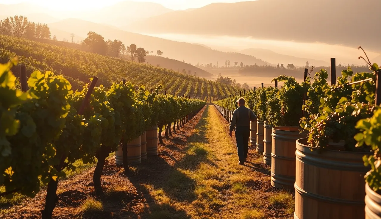 Vineyard manager inspecting wine grape clusters at harvest in morning light