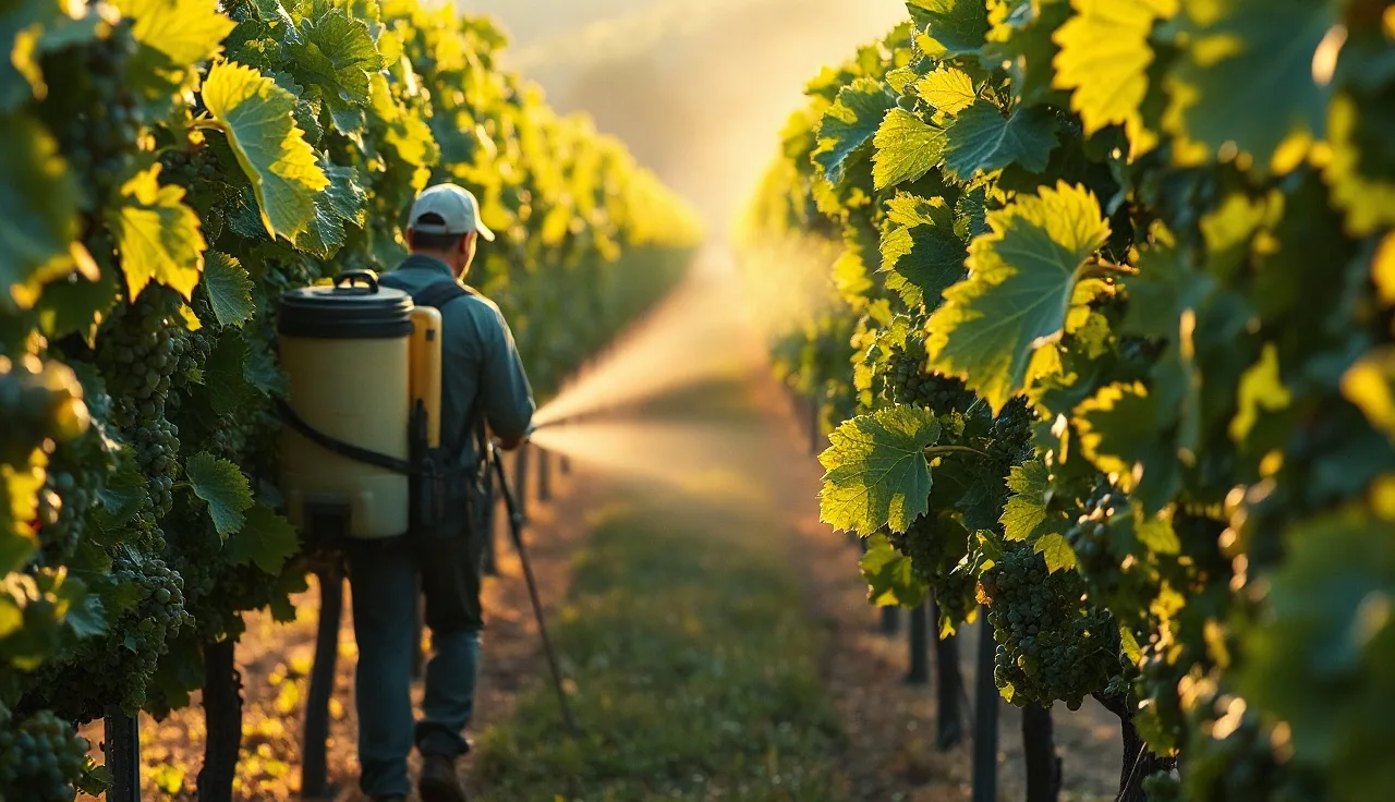Vineyard worker applying foliar spray to grapevines at sunrise for powdery mildew control