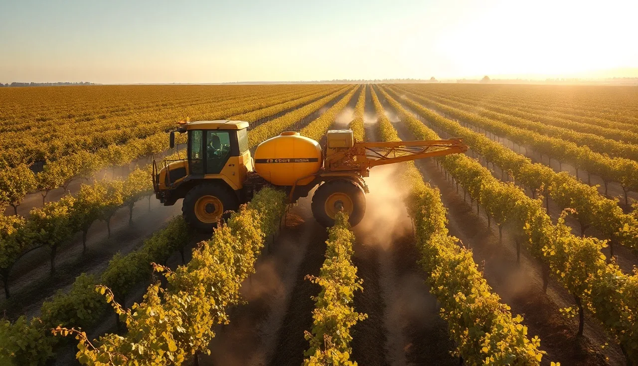 Multi-row vineyard sprayer moving through VSP-trained vine rows at dawn