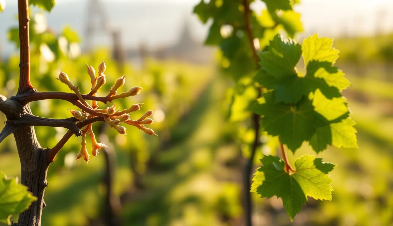 Early spring grapevine showing one arm with stunted chlorotic Eutypa dieback shoots beside healthy growth